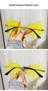 Detail view of gold frame yellow drip lenses retro rimless teardrop sunglasses