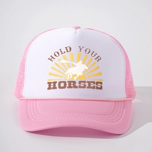 Pink and white trucker hat with Hold Your Horses print and adjustable mesh back