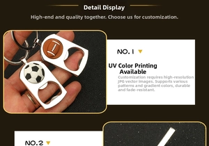 Detailed view of metal football and rugby bottle opener keychains with UV color printing