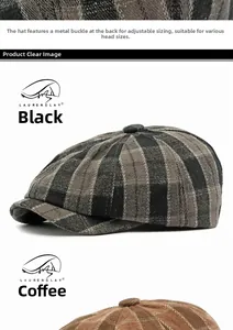 Detailed view of retro plaid newsboy cap showing wool texture and adjustable metal buckle