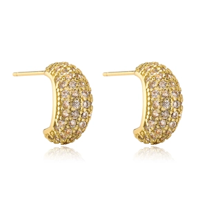 Luxurious 18K gold plated C-shaped stud earrings with sparkling champagne zircon pavé