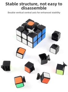 Detail of 3x3 speed cube with dual vertical central axis showing internal parts