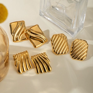 Three pairs of 18K gold plated stainless steel stud earrings with wave and square patterns