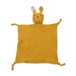 Yellow muslin cotton baby comforter blanket with cute embroidered rabbit head