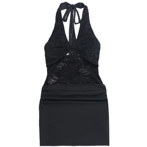 Detailed close-up of intricate lace stitching and texture on a black bodycon dress