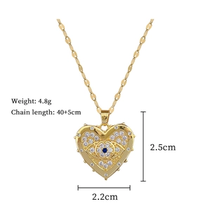 Detailed size chart for golden heart evil eye necklace with blue crystal and pavé stones