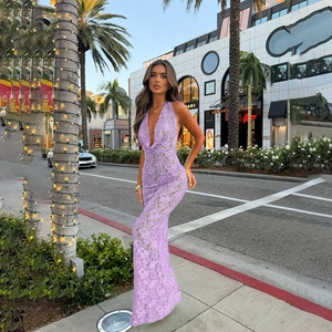Elegant lavender lace halter neck backless bodycon maxi dress for women in urban setting