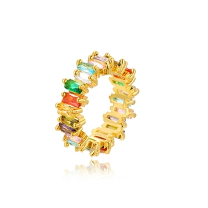 Geometric 18K gold plated ring featuring AAA colorful rainbow cubic zirconia baguette stones