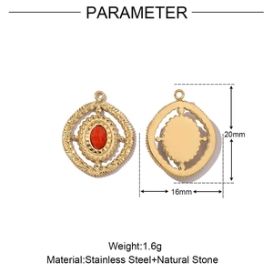 Detailed size parameter view of golden stainless steel pendant with red natural stone