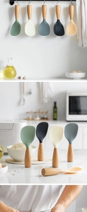 Nonslip heat resistant silicone rice paddle with wooden handle in various colors