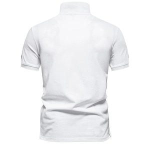 Back view of men's white short-sleeved polo shirt in breathable cotton piqué fabric