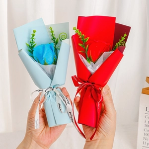 Mini soap flower rose bouquets in blue and red wrapping for Valentine's Day gifts