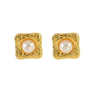 Luxurious vintage square gold earrings with white pearls for women on white background