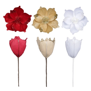Glitter poinsettia Christmas flowers in gold, red and white for holiday tree decoration
