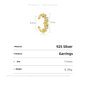 Macro detail of gold floral S925 silver ear cuff with measurements and weight specifications