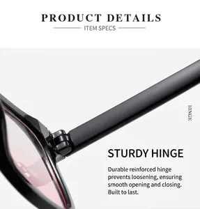 Detail of sturdy metal hinge on black frame sunglasses with light pink lenses