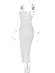 Detail view of white slim fit camisole midi dress with side slit on transparent mannequin