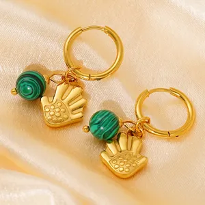 Vintage Bohemian Hoop Earrings 18K Gold Plated Stainless Steel With Natural Stone Bead And Palm Charm For Women
