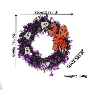 Halloween wreath size guide showing 35cm diameter with purple tinsel and silver ghosts