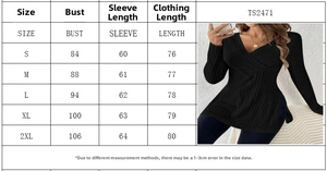 Detailed size chart for long sleeve V-neck ribbed top showing measurements from S to 2XL