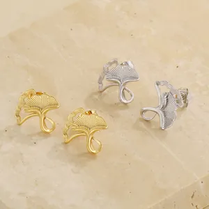 Ginkgo Leaf Stud Earrings Stainless Steel Minimalist Fan Shaped Vein Texture Elegant Jewelry Women