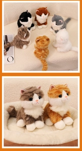 Close-up of realistic plush kitten toys in multiple colors with soft faux fur texture