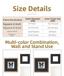 Size chart for 3D wood frame showing dimensions for 6, 8, 10, and 12 inch shadow boxes