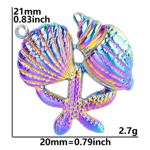 Macro shot of rainbow-colored starfish and seashell pendant with size 21mm x 20mm details