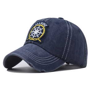 Navy blue washed cotton baseball cap with Marine embroidery and distressed details