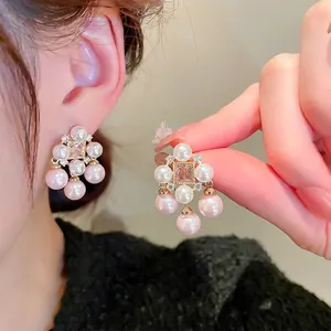 Elegant vintage square zircon and pearl tassel earrings with gold plating and silver needles