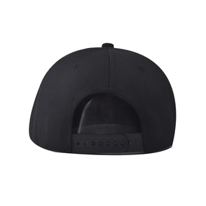 Rear view of black cotton snapback hat showing adjustable plastic strap closure