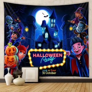 Detail view of Halloween tapestry featuring vibrant cartoon characters and neon party lettering