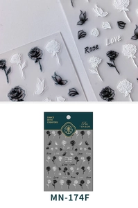 Detail of MN-174F nail sticker with 3D embossed black and white rose and butterfly designs