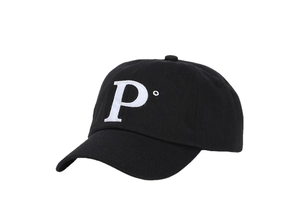 Close-up of white embroidered letter P on black cotton twill outdoor baseball cap