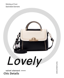 Close-up of contrast crossbody bag with metal handle, gold lock and velvet detail