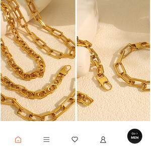Detail view of bold 18k gold plated square link necklace and bracelet set with lobster clasp
