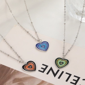 Elegant vintage colorful enamel heart pendant necklace with fine silver metal chain