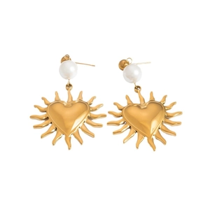 Exaggerated gold heart sunburst earrings with white pearl studs in 18K gold plated steel