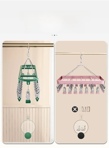Detail of pink square and green rectangular 18-clip stainless steel drying racks