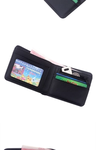 Detailed view of internal leather wallet layout with card slots and zipper pocket