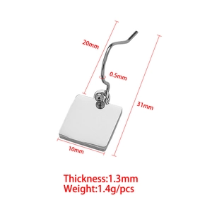Polished silver stainless steel square drop earrings with detailed size dimensions