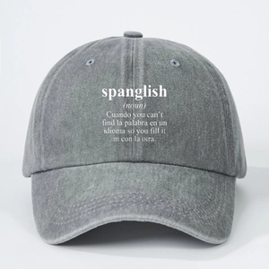 Vintage washed grey cotton baseball cap featuring creative Spanglish definition print