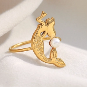 Mermaid Artificial Pearl Ring 18K Gold Plated Stainless Steel Ocean Theme Animal Shape Elegant Fashion Jewelry Gift For Women