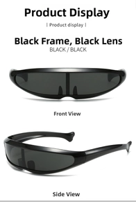 Front and side view of futuristic aerodynamic black wrap-around cycling sunglasses
