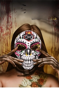 Scary skeleton mask with floral patterns and bloody background for Halloween party