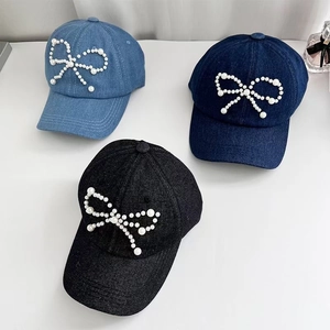 Women Washed Denim Baseball Cap With Artificial Pearl Bowknot Adjustable Cotton Sun Hat Sweet Casual Stylish Headwear