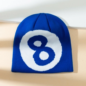 Navy blue knitted beanie featuring a white number 8 ball design on a neutral background