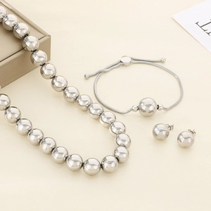 Polished silver stainless steel jewelry set including ball necklace, bracelet and earrings