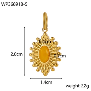 Detailed dimensions of gold stainless steel oval pendant with inlaid yellow gemstone