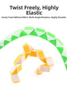 Flexible snake cube puzzle toy in green and yellow colors showing rotatable triangle blocks